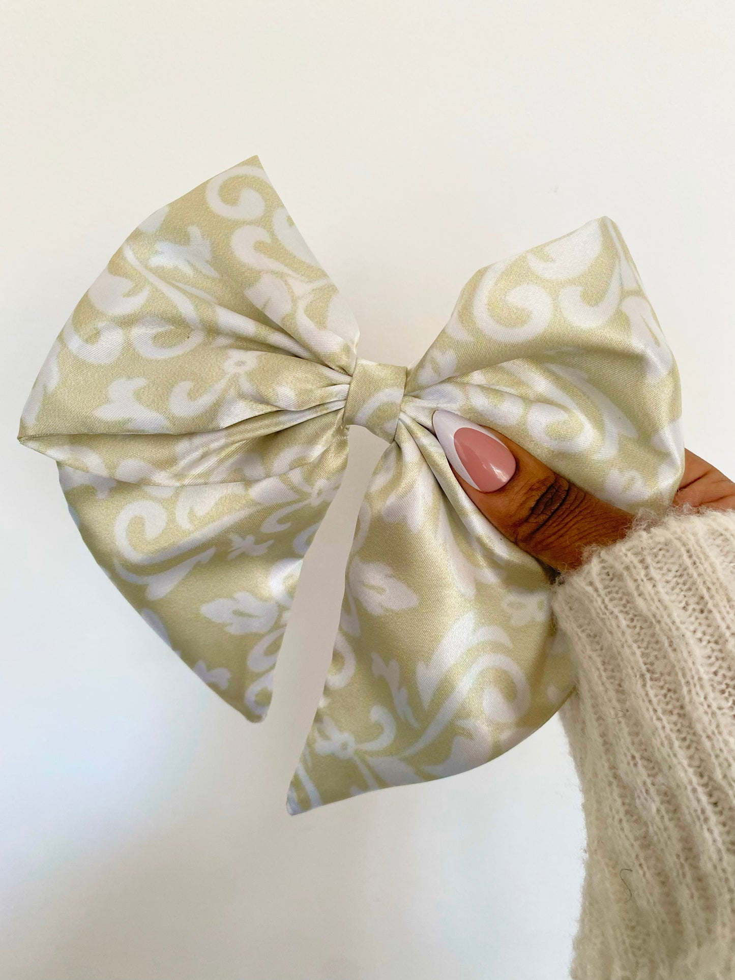 Champagne/ Sage Damask Satin Bow Hair Clips