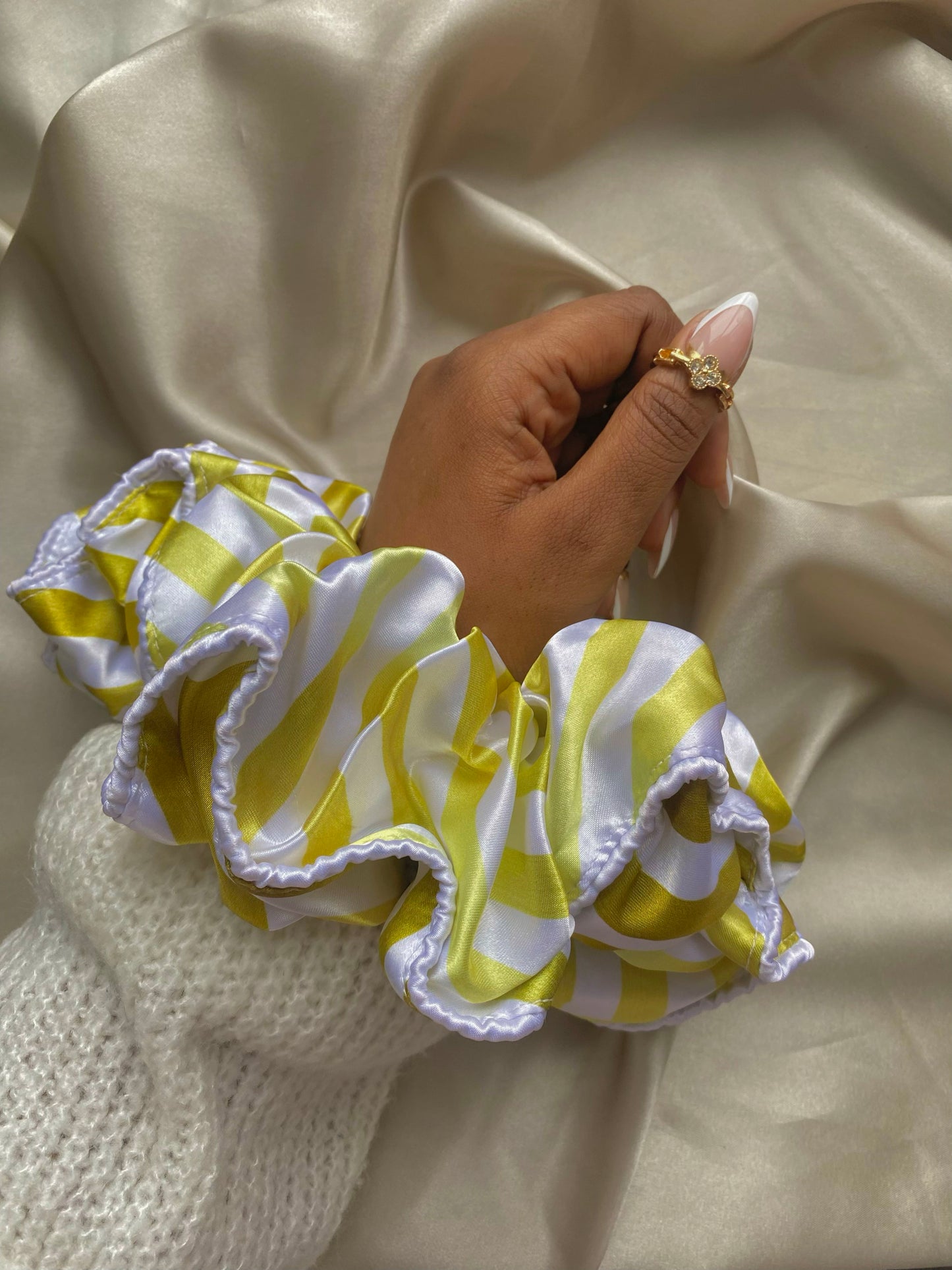 Christmas Gold/White Stripe Piping Satin Scrunchie