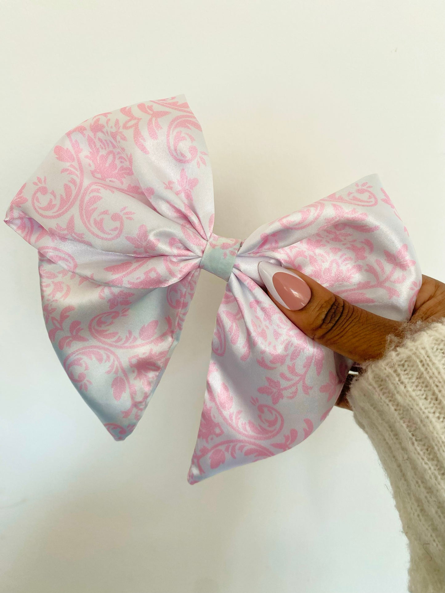 Pink Damask Satin Bow Hair Clips