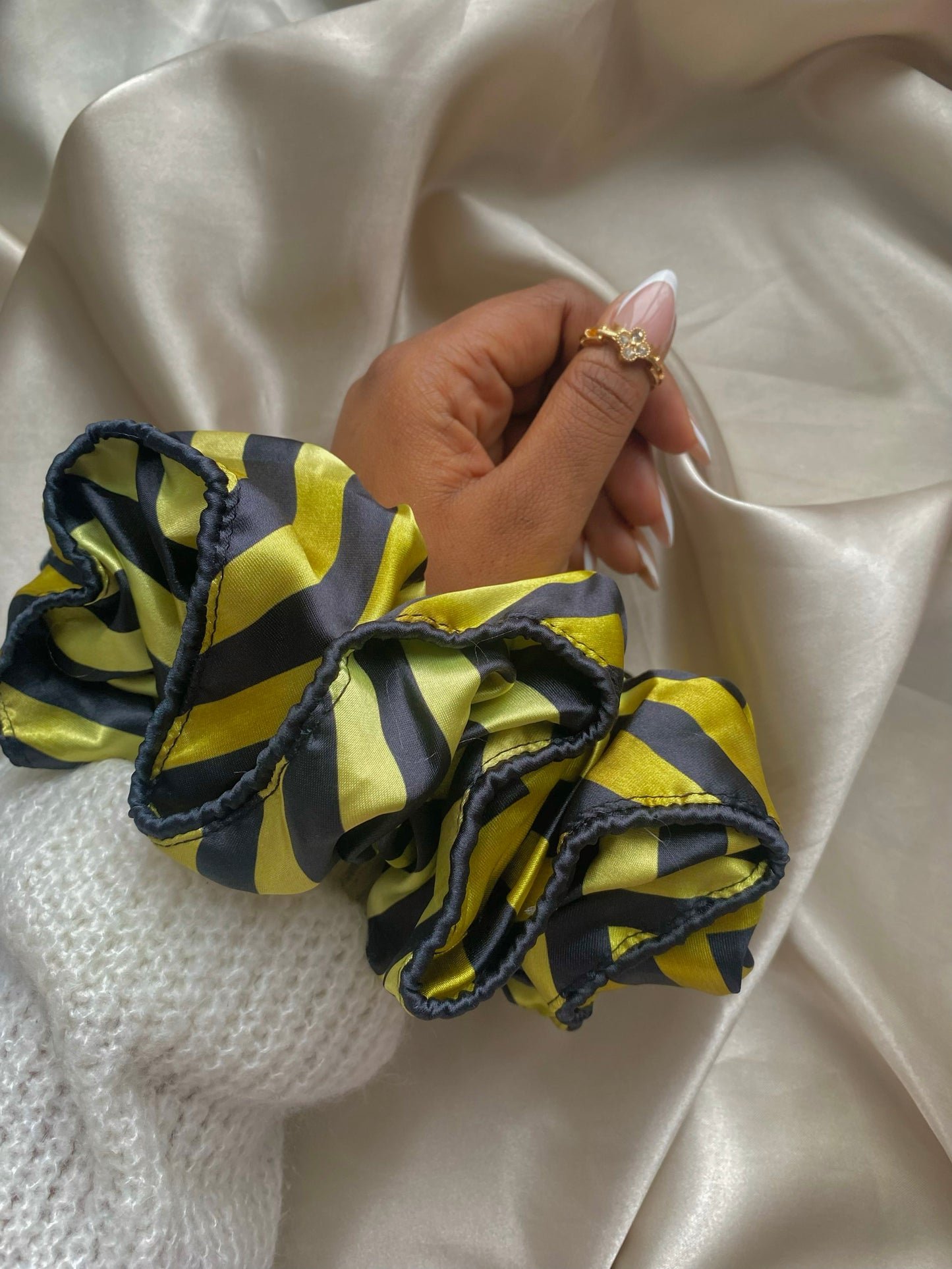 Christmas Gold/Black Stripe Piping Satin Scrunchie