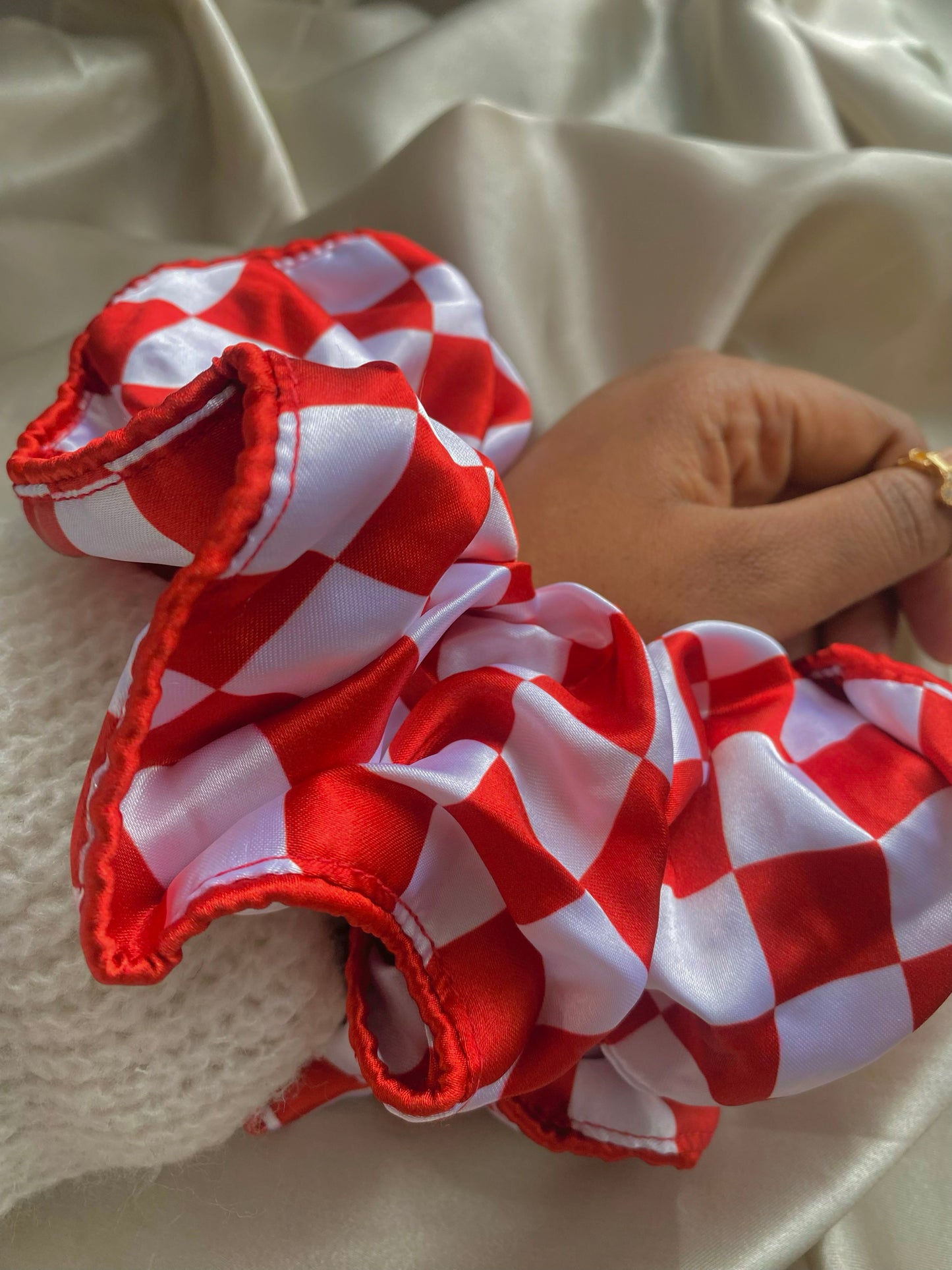 Piping Red Checkboard Satin Scrunchie