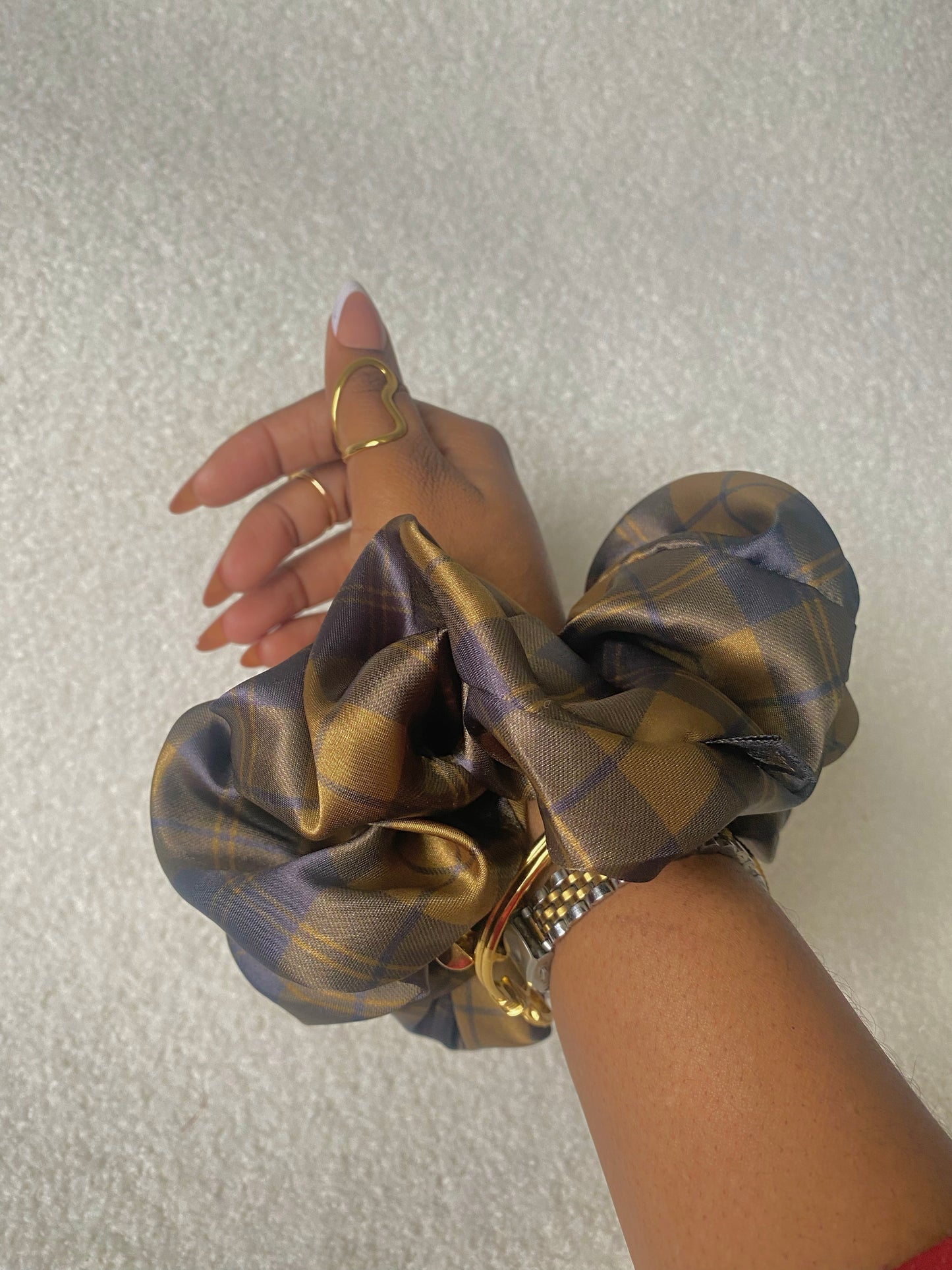 XL Brown Tartan Satin Scrunchie