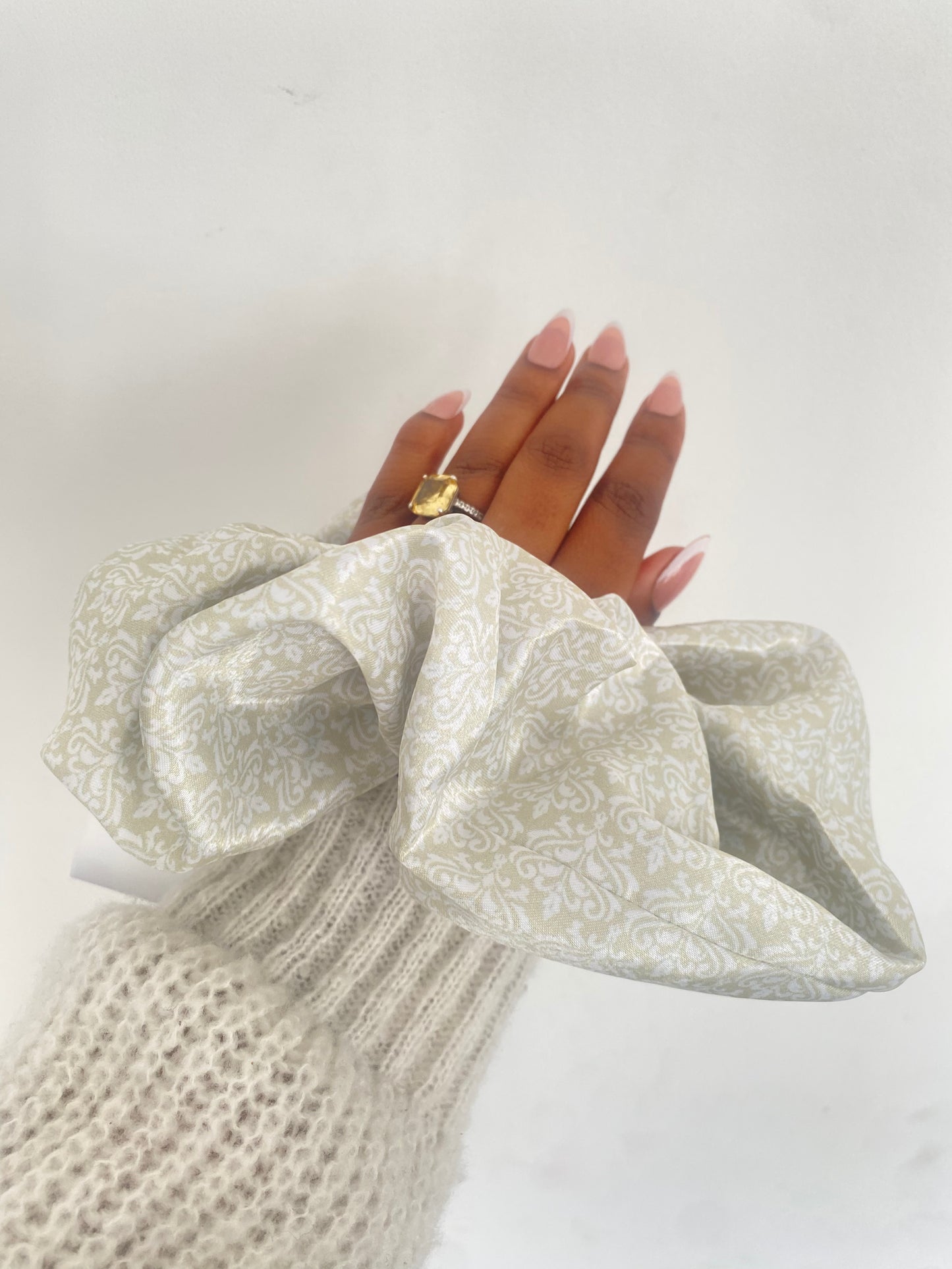 Champagne Sage Damask Satin Scrunchie
