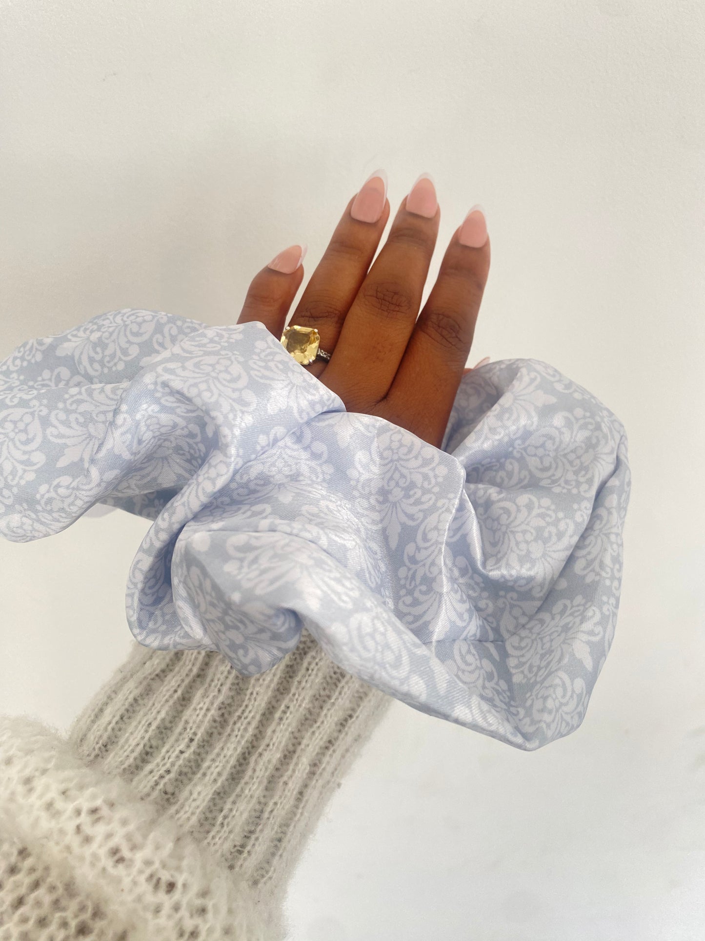 Grey Damask Satin Scrunchie