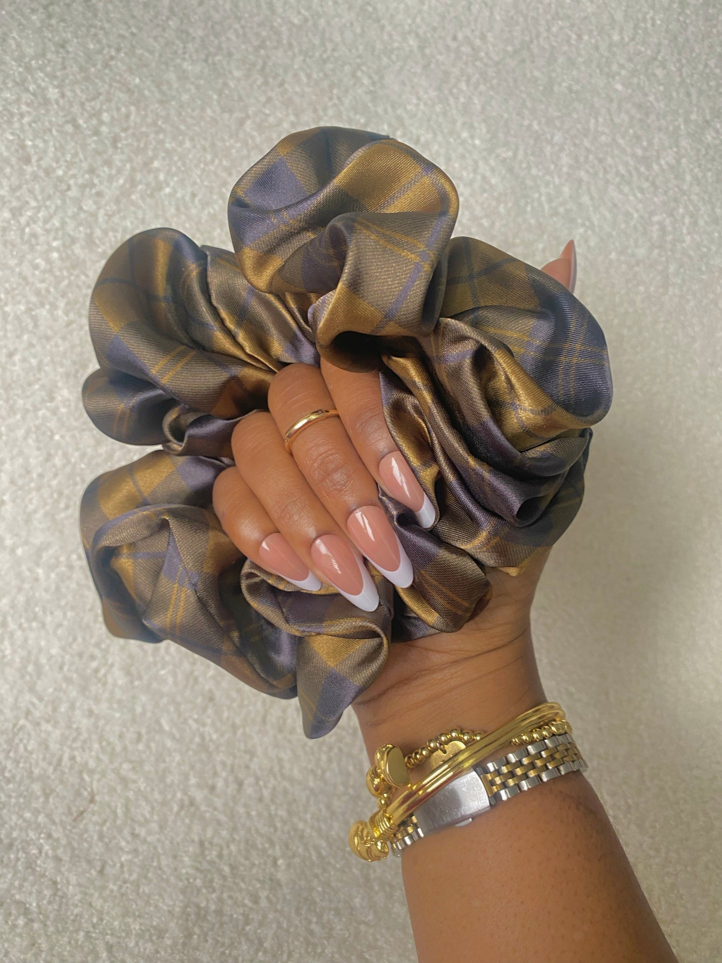 XL Brown Tartan Satin Scrunchie