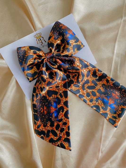 Cheetah Locs Satin LongTail Bow Hair Clips