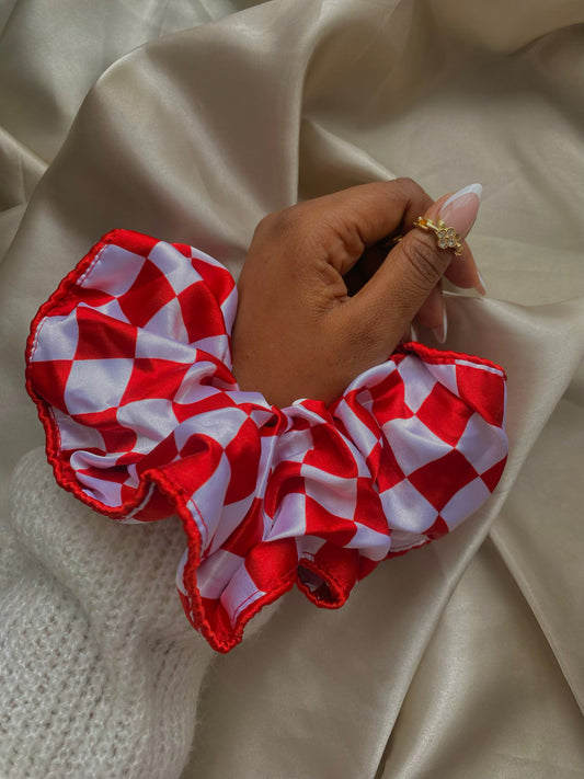 Piping Deep Red Checkboard Satin Scrunchie