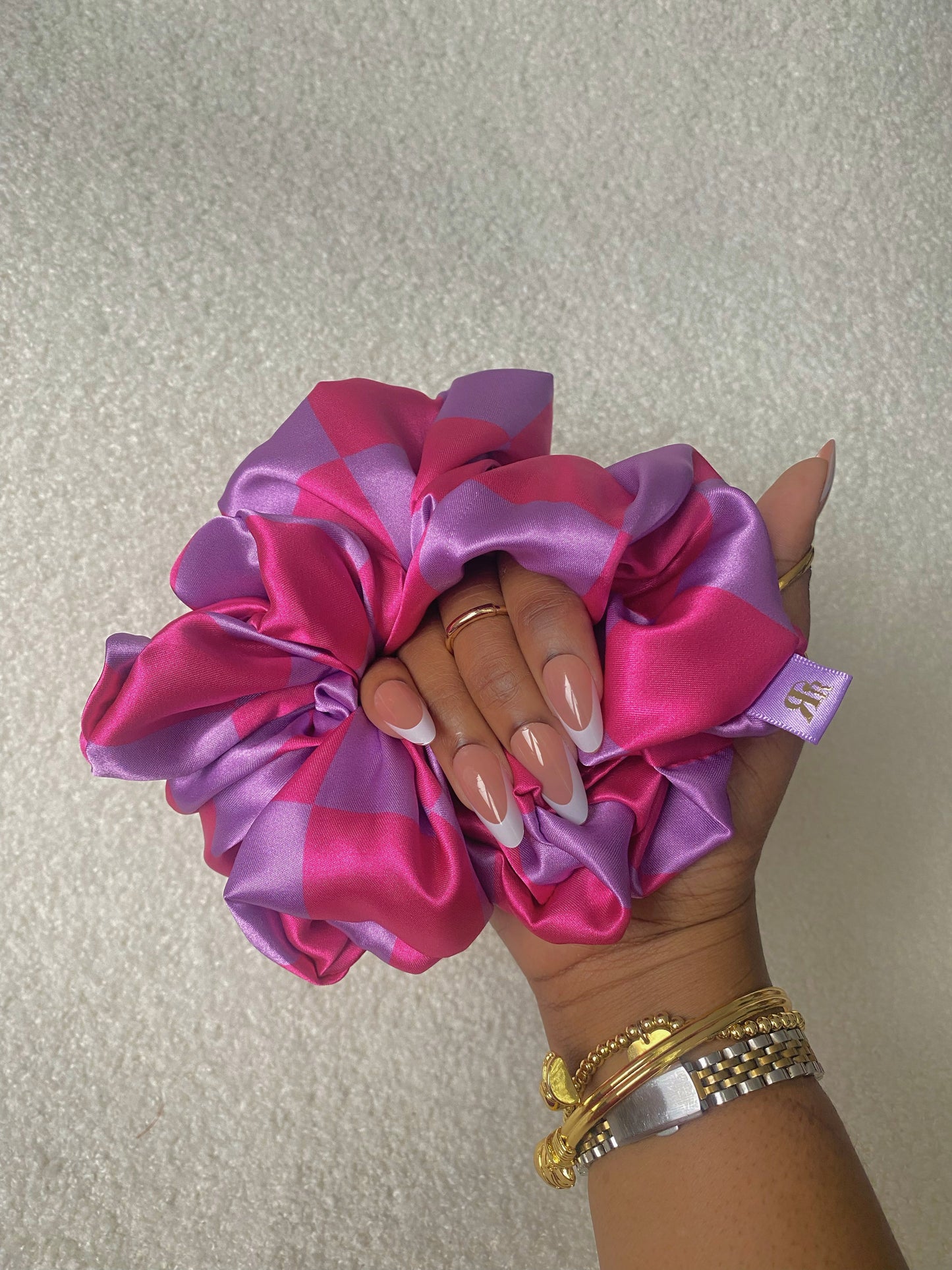 XL Pink Checkboard Satin Scrunchie