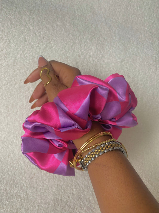 XL Pink Checkboard Satin Scrunchie