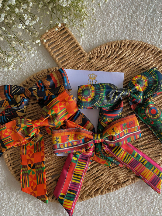 African Print Satin LongTail Mini Bow Hair Clips