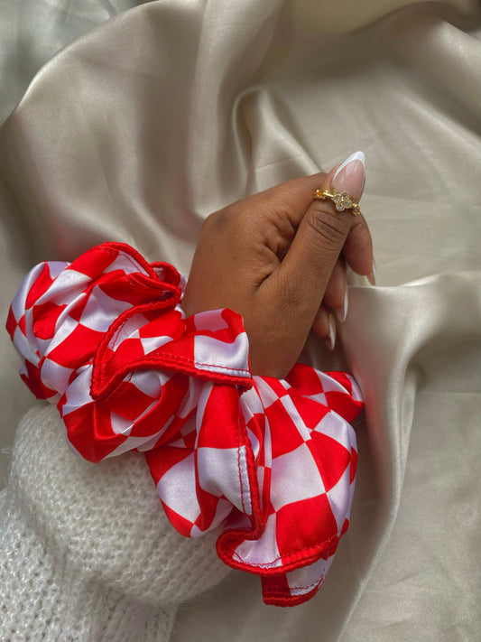 Piping Red Checkboard Satin Scrunchie