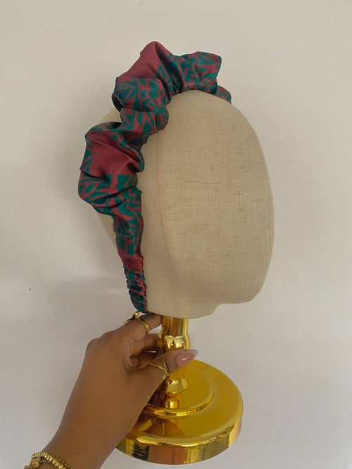 Burgundy/ Green Ankara Satin Scrunchie Headband