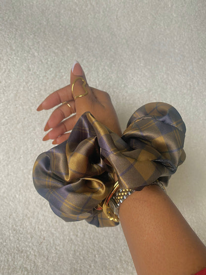 XL Brown Tartan Satin Scrunchie