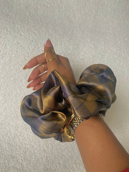 XL Brown Tartan Satin Scrunchie