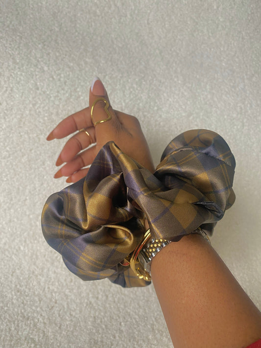 XL Brown Tartan Satin Scrunchie