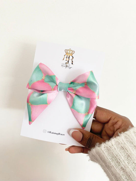 Pink & Mint Harlequin Mini Satin Bow Hair Clips