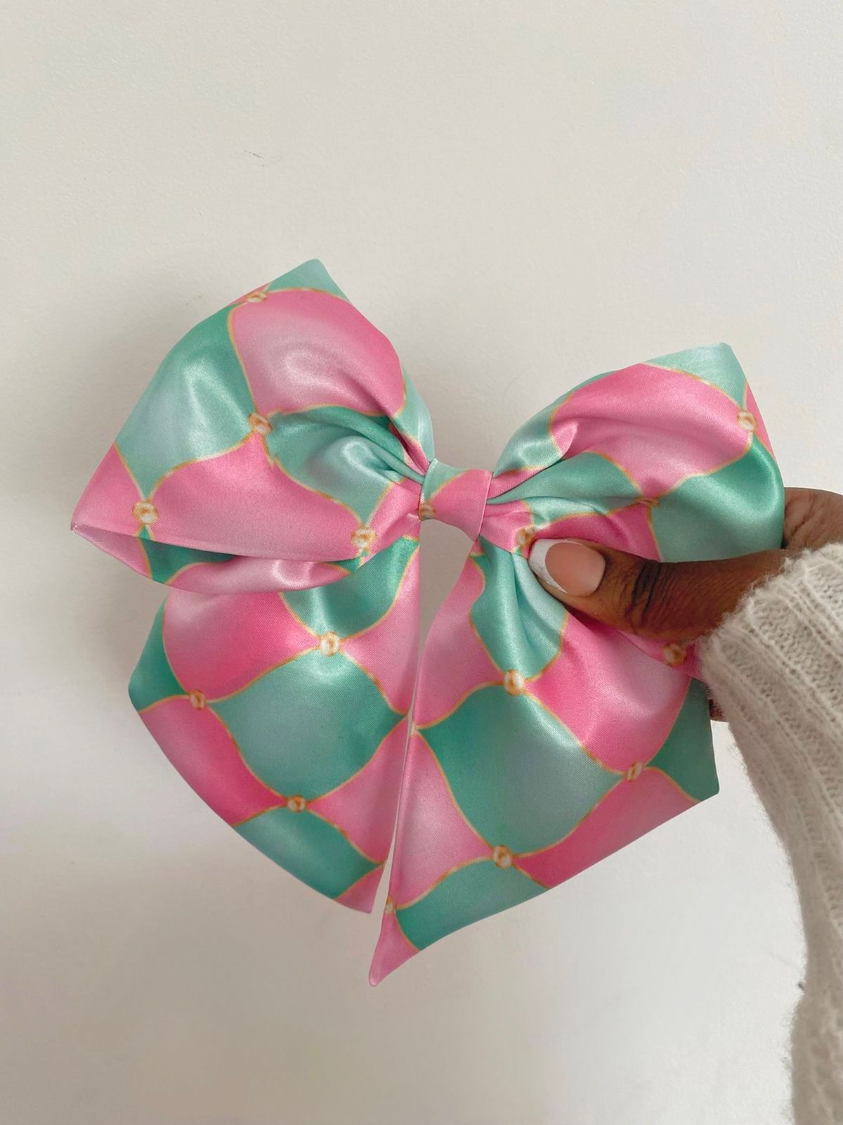 Pink & Mint Harlequin Satin Bow Hair Clips