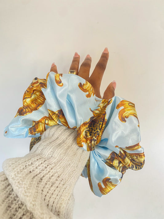 Baby Blue Damask Satin Scrunchie