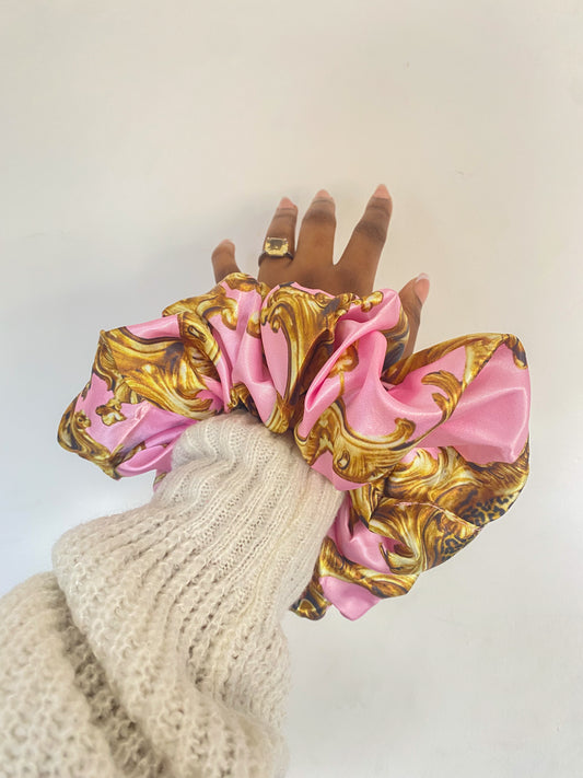 Pink Damask Satin Scrunchie