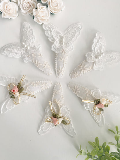 White Floral butterfly pearl embroidered snap clip