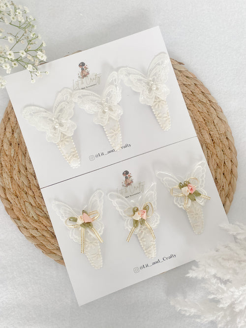 White Floral butterfly pearl embroidered snap clip